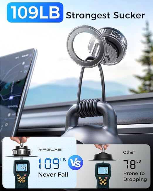 Soporte magnético giratorio de 360° para teléfono móvil MRGLAS 2025 mejorado para coche con ventosa Magsafe, [Potencia de succión de más de 109 libras y imán más potente de 2800 gf] para coche/gimnasio/espejo/cocina
