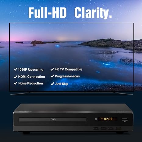 FlexaPlay Reproductor DVD HDMI Sin Región para TV – Upscaling 1080p, Puerto USB, Reproduce DVD/CD/MP3, Diseño Mini Compacto, Incluye Cables y Control Remoto