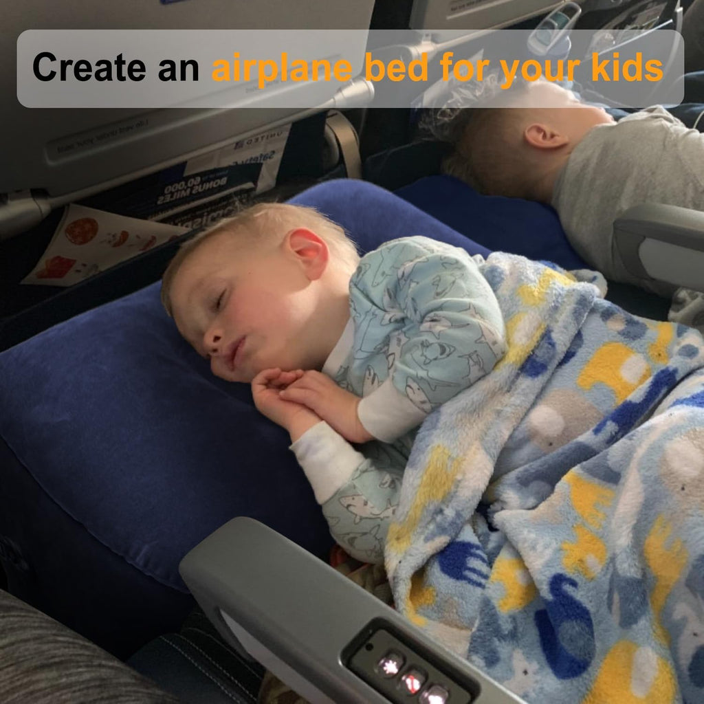 USADO-Reposapiés inflable Maliton para avión, ideal para niños, con altura ajustable. Almohada de viaje para coche, oficina y niños pequeños. Artículos esenciales para viajes en avión (azul marino, 1 unidad).