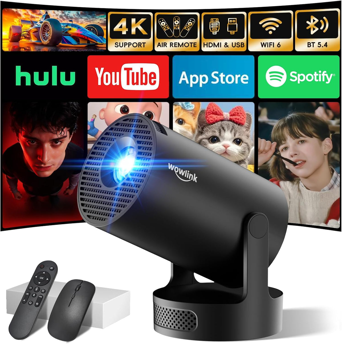 Miniproyector con WiFi 6 y Bluetooth 5.4, compatible con 4K y 1080P, corrección trapezoidal automática 11