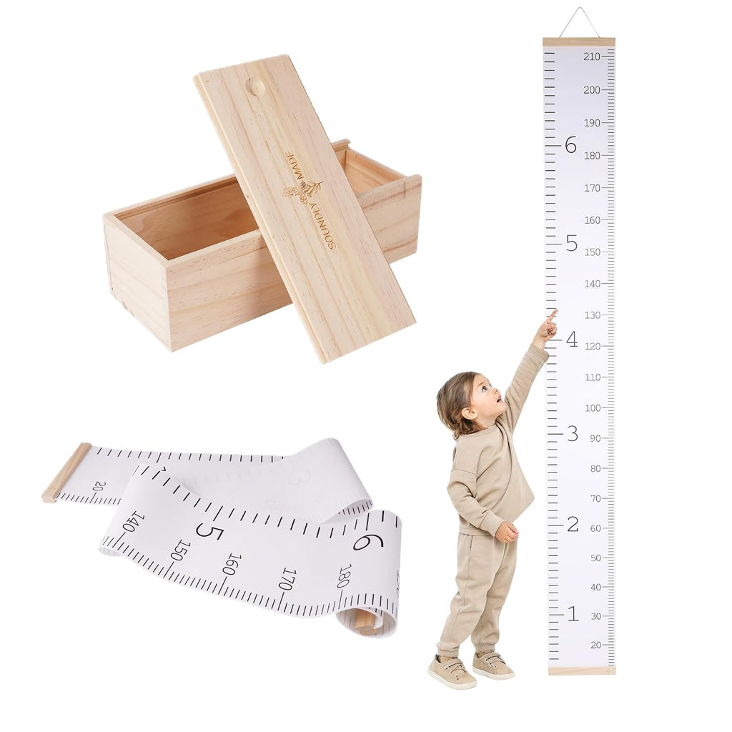 Tabla de crecimiento para pared | Regla de lona para medir la altura de los niños con caja de almacenamiento de madera | Tabla de medición impermeable | Decoración para la habitación del bebé y regalo para baby shower