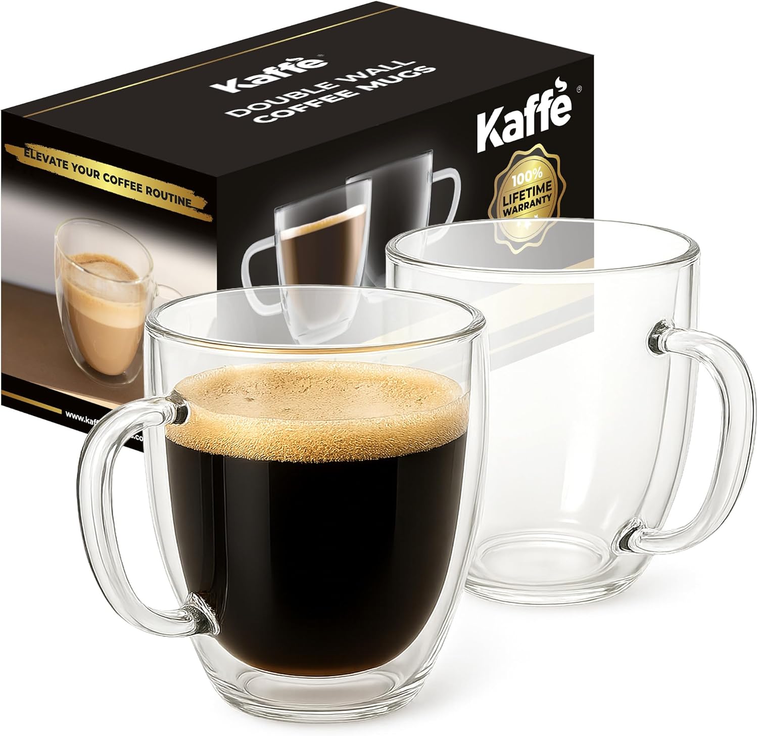 Kaffe Double Wall Insulated Glass Coffee Cups (2 x 16oz) - Clear Espresso Glasses - Heat Resistant Insulated Borosilicate Glass Mugs for Warm Beverages, Capuccinos, Teas, Lattes