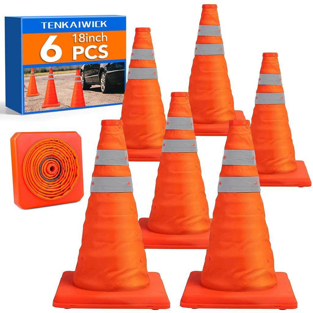 Conos de tráfico TENKAIWICK de 45 cm (18 pulgadas), paquete de 6 unidades, conos de seguridad plegables, conos desplegables multiusos con collar reflectante, conos naranjas para aparcamientos, entradas de vehículos, formación de conductores, etc.
