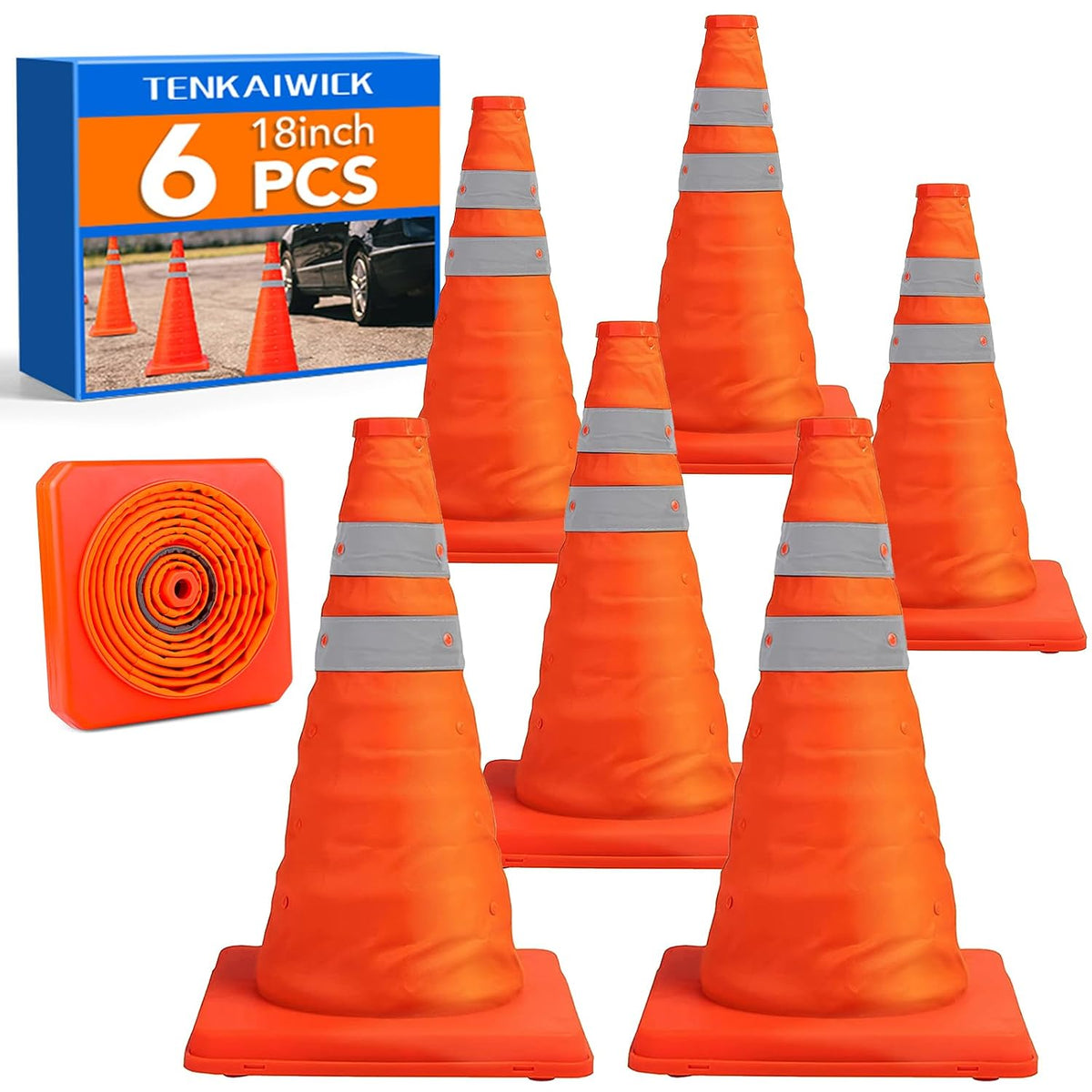 Conos de tráfico TENKAIWICK de 45 cm (18 pulgadas), paquete de 6 unidades, conos de seguridad plegables, conos desplegables multiusos con collar reflectante, conos naranjas para aparcamientos, entradas de vehículos, formación de conductores, etc.