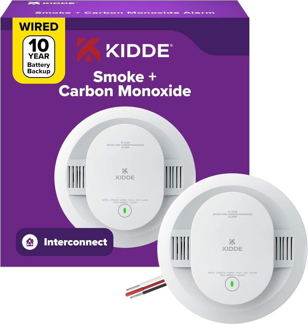 Detector de humo y monóxido de carbono Kidde, cableado con batería de respaldo de 10 años, luces LED de estado, interconectado, alarma de 85 dB, 5 pulgadas, 30CUA10, 1 unidad