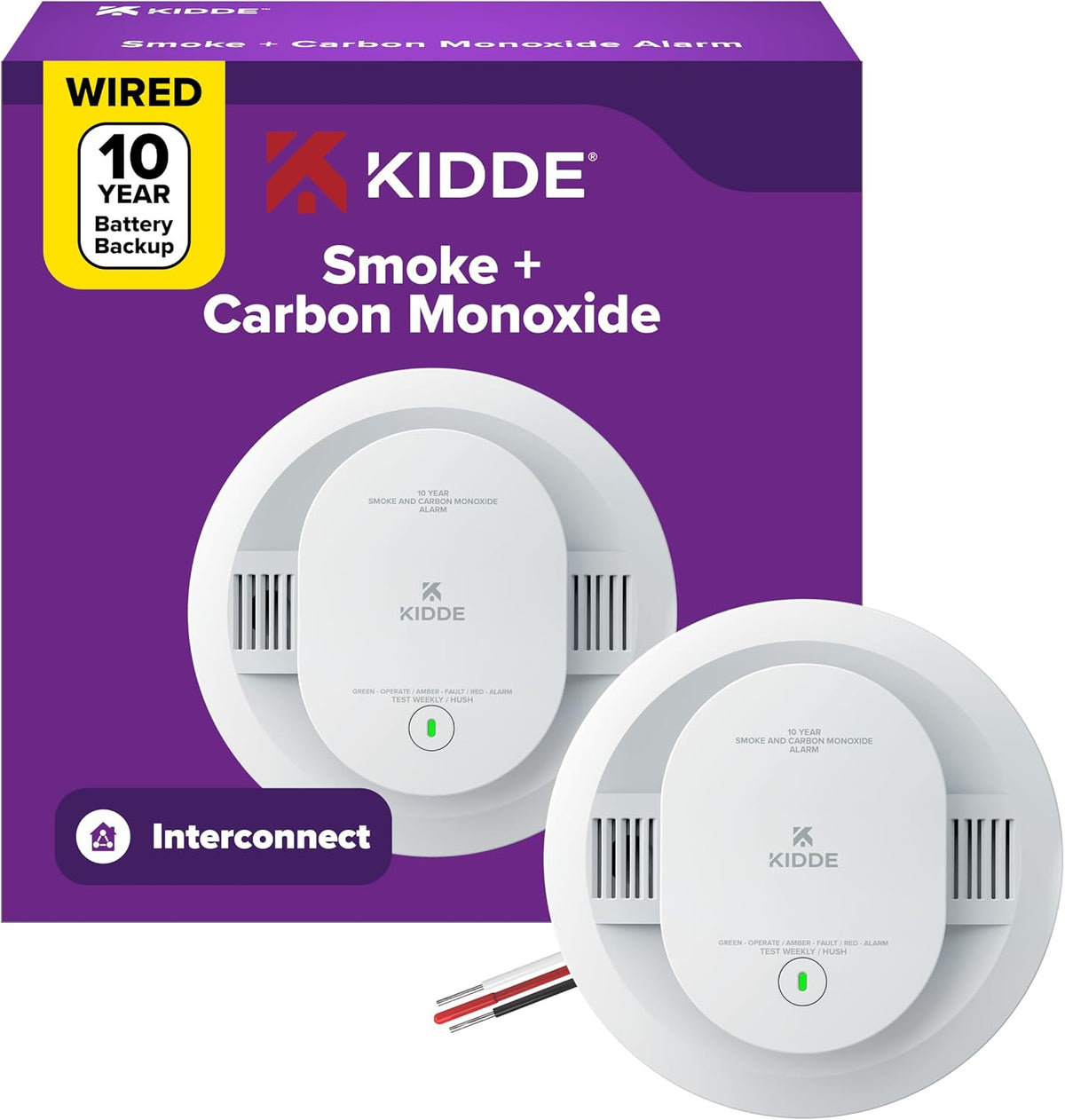 Detector de humo y monóxido de carbono Kidde, cableado con batería de respaldo de 10 años, luces LED de estado, interconectado, alarma de 85 dB, 5 pulgadas, 30CUA10, 1 unidad