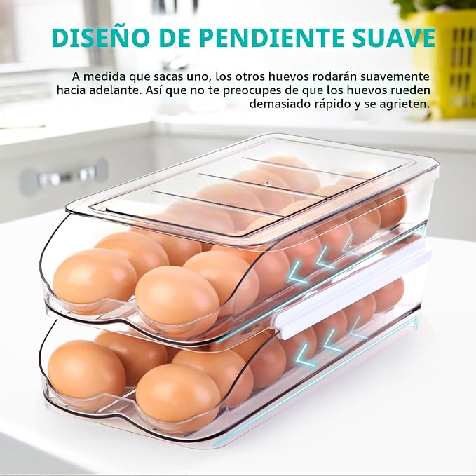RoskDeewat Soporte para Huevos para Refrigerador, Contenedor de Huevos con Rodamiento Automático para Refrigerador, Organizadores Apilables para Refrigerador y Almacenamiento con Tapa, Dispensador