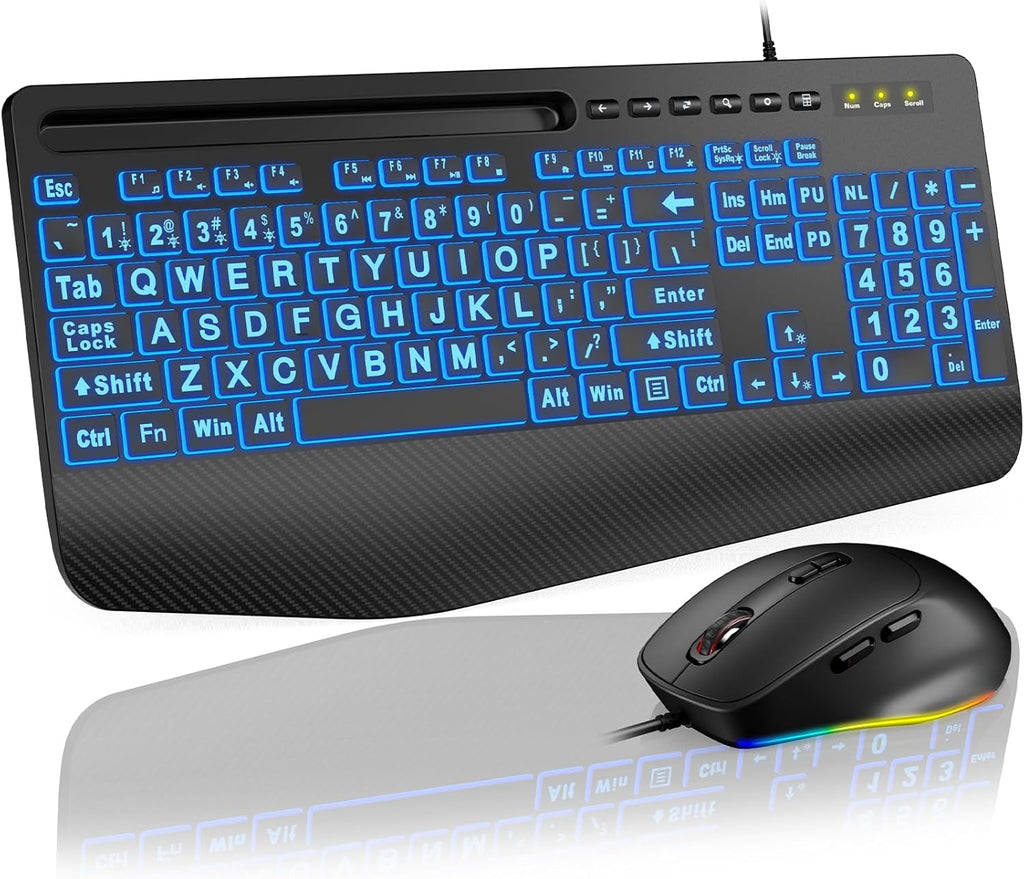 Combo de teclado y ratón con cable SABLUTE KM21Pro: retroiluminación de gran tamaño, reposamuñecas ergonómico, RGB de 6 DPI para PC/Windows. Ideal para personas mayores, estudiantes, oficina y hogar.