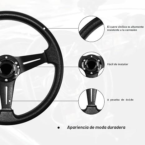 Volante de Carreras Universal QYMOPAY 35 cm – 6 Pernos, Cuero Antideslizante, Botón Claxon, Negro