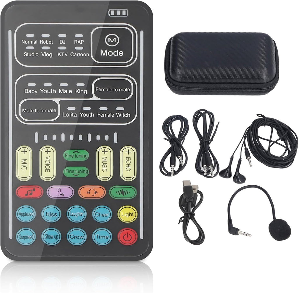 I9 Set Cambiador de Voz | Mini Sound Board Portatil con 8 Sonidos para Transmision en Vivo, iOS y Android