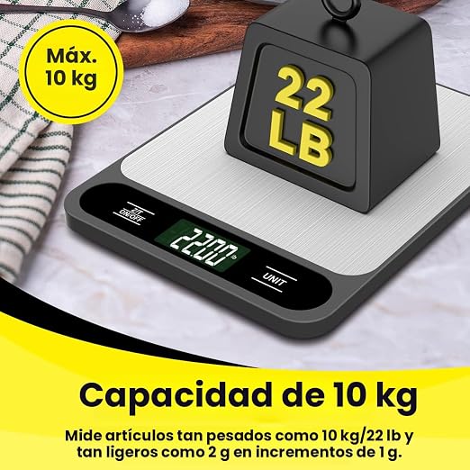 Mik-Nana Balanza de Cocina Digital 10 kg / 22 lb – Acero Inoxidable, Función Tara, Pantalla LCD, para Repostería, Café y Envíos (Pack de 6)