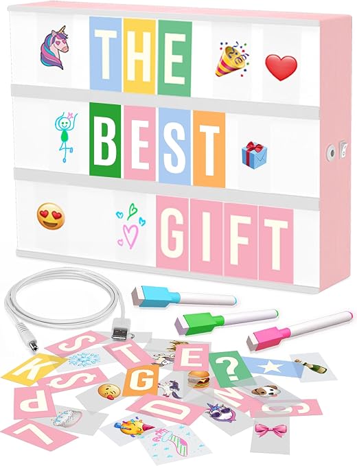 Caja de Luz Cinema Rosa con 312 Letras, Emojis y 3 Marcadores | Tablero LED Luminoso | Decoración Cuarto Rosa | Regalo Mujer y Niña