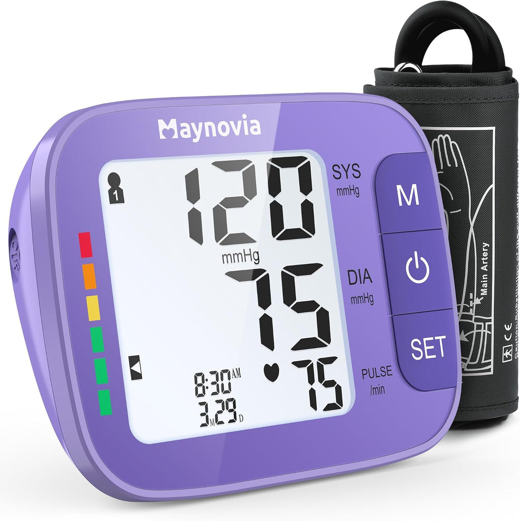 Monitor de presión arterial Maynovia para uso doméstico, brazalete grande para el brazo con retroiluminación, tensiómetro digital automático para personas mayores, monitor de frecuencia cardíaca y bolsa de almacenamiento (morado).