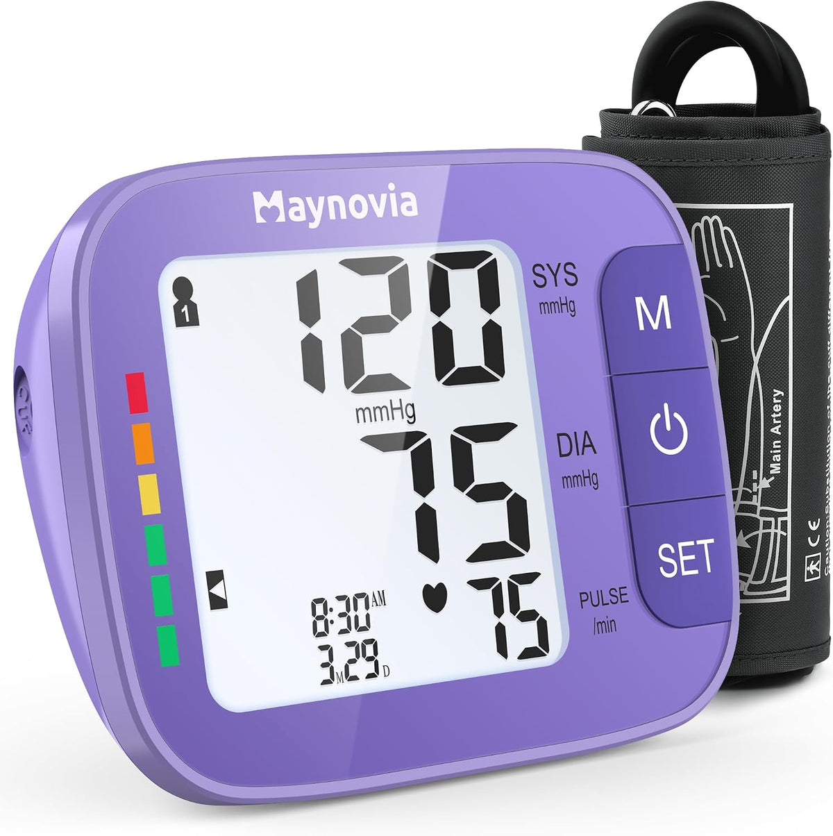 Monitor de presión arterial Maynovia para uso doméstico, brazalete grande para el brazo con retroiluminación, tensiómetro digital automático para personas mayores, monitor de frecuencia cardíaca y bolsa de almacenamiento (morado).