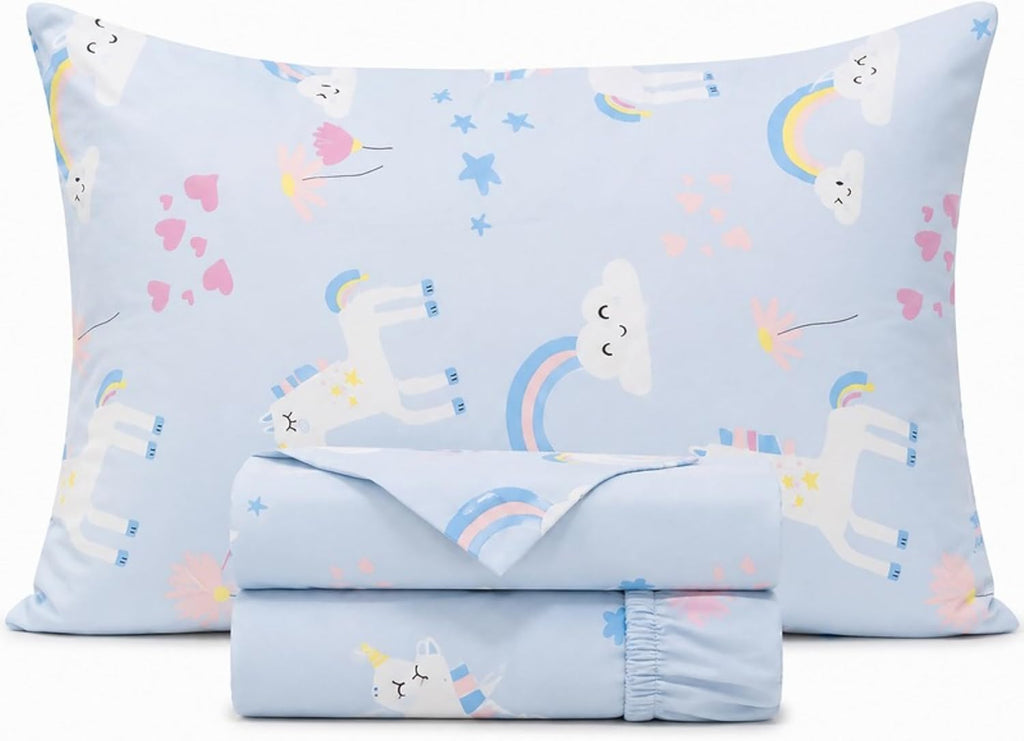 Juego de ropa de cama de 3 piezas, 100% algodón, 210 hilos, tamaño individual, con sábanas temáticas de unicornio para niños.