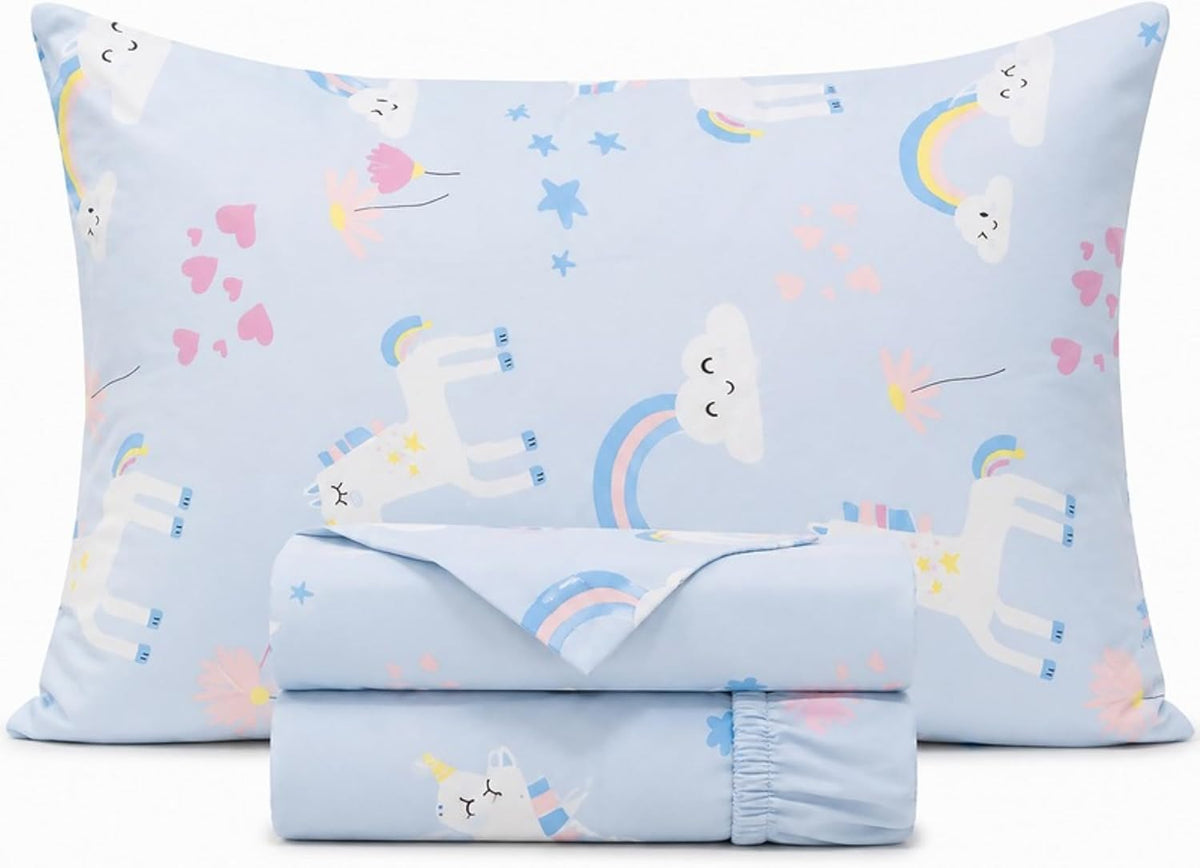 Juego de ropa de cama de 3 piezas, 100% algodón, 210 hilos, tamaño individual, con sábanas temáticas de unicornio para niños.