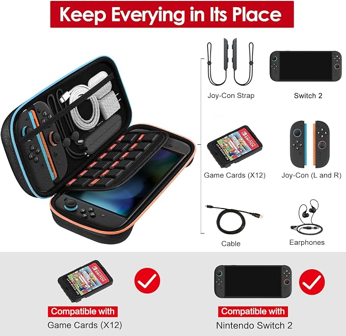 ivoler Funda Compatible con Nintendo Switch 2, Estuche de Transporte con 12 Cartuchos de Juego, Funda Protectora rígida de Viaje para Consola Nintendo Switch 2 y Accesorios