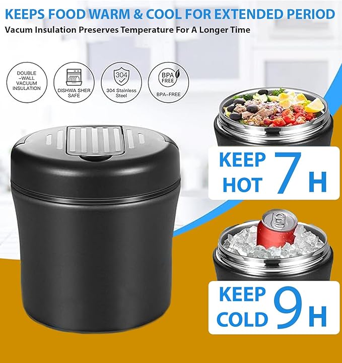 Insulated Food Jar for Adults Soup Thermo for Hot Cold Food 40 OZ, Stainless Steel Wide Mouth lunch box with Folding Spoon and Handle for Office(Ink Black)