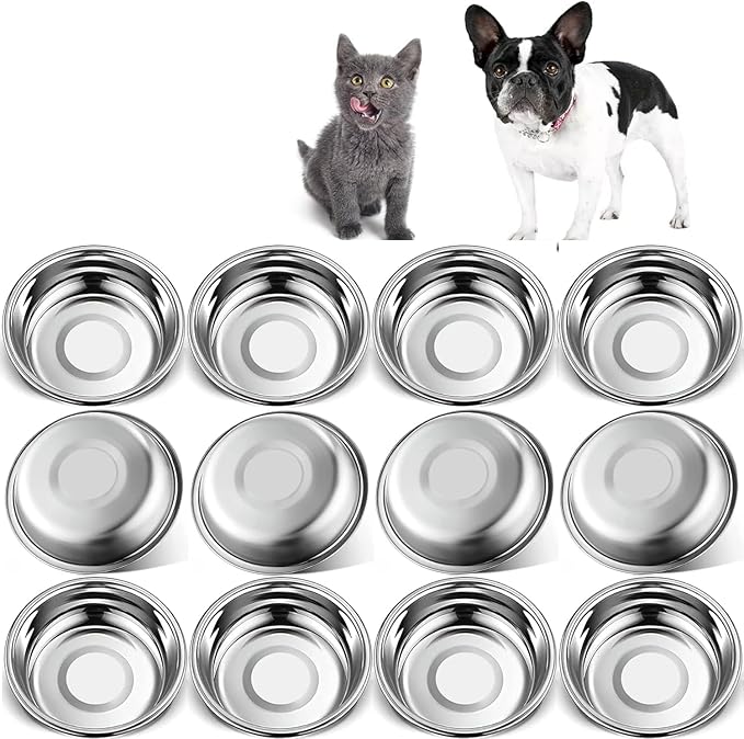 12 cuencos gruesos de acero inoxidable para gatos, 5.5 pulgadas de ancho poco profundo, de metal, para gatitos, aptos para bigotes, repuesto para aliviar la fatiga, platos básicos para mascotas
