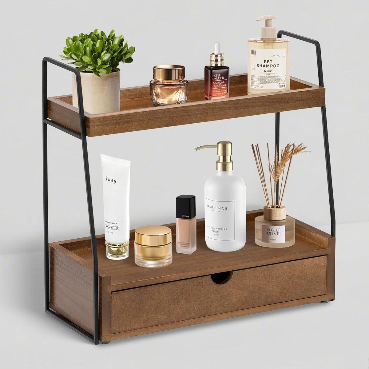 Organizador de Bano de 2 Niveles para Mueble con Cajon | Estante de Madera para Lavabo | Bandeja de Maquillaje para Perfumes y Cuidado de la Piel | Especiero para Cocina o Habitacion