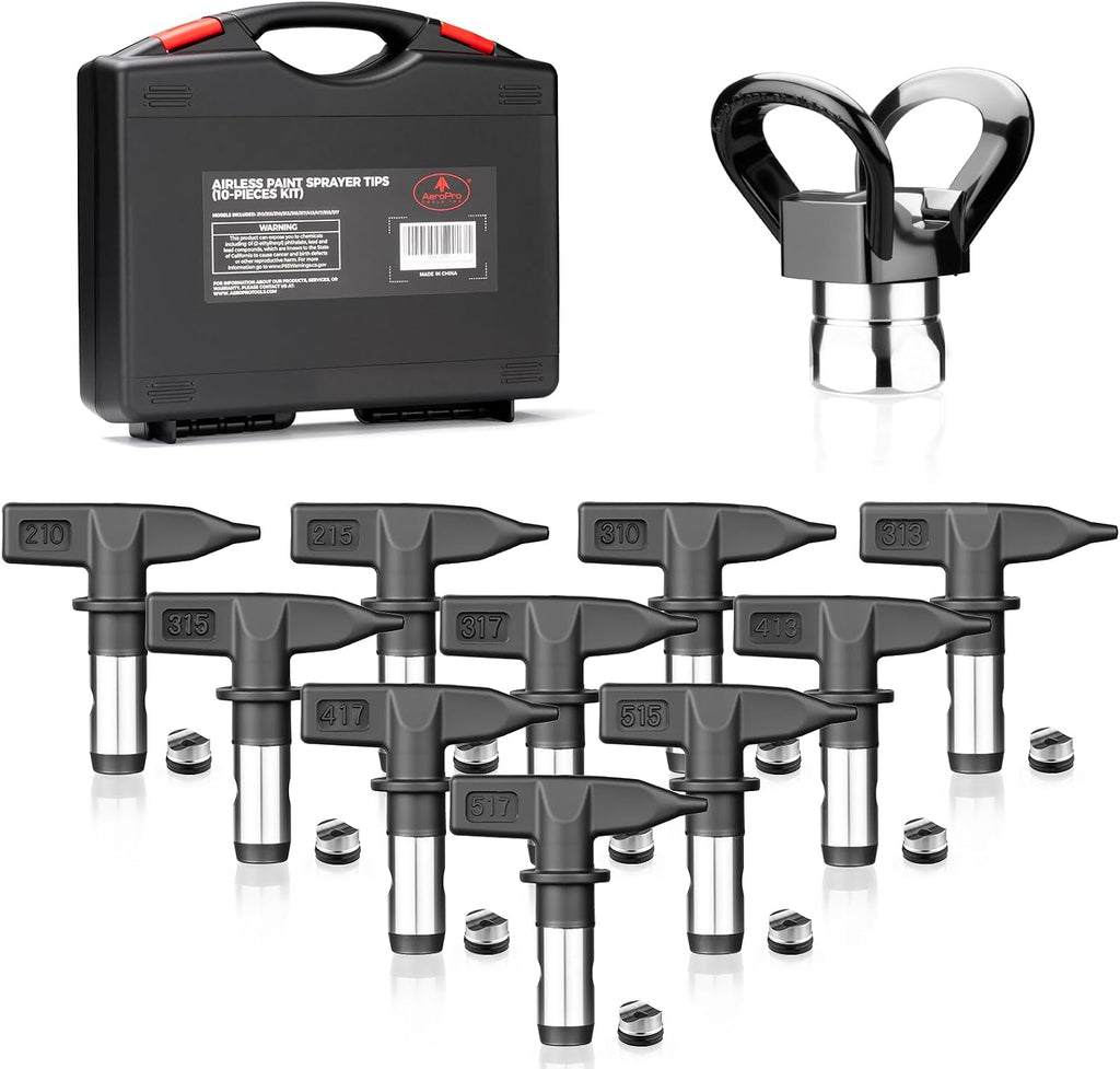 Juego de 12 puntas para pulverizador de pintura sin aire AEROPRO Tools, 10 puntas de boquilla reversibles, 1 protector de boquilla, 1 caja de almacenamiento (210, 215, 310, 313, 315, 317, 413, 417, 515, 517)