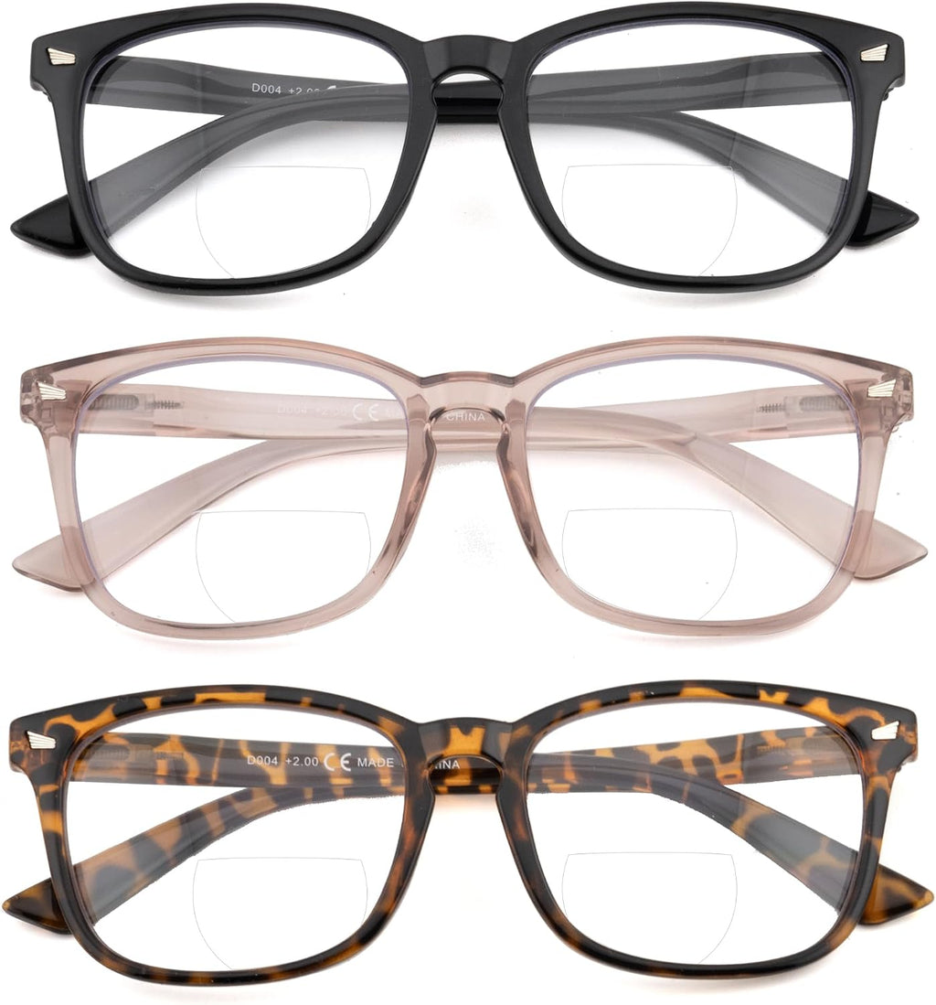 Pack 3 Lentes de Lectura Bifocales para Hombre y Mujer - Anti Luz Azul, Marco Rectangular PC, Multifocales con Bisagra de Resorte