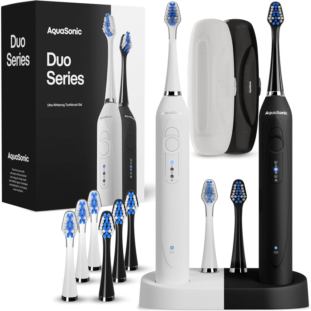 Set de 2 Cepillos de Dientes Electricos AquaSonic Duo – 40,000 VPM, Carga Inalambrica, 3 Modos, 10 Cabezales DuPont y 2 Estuches de Viaje