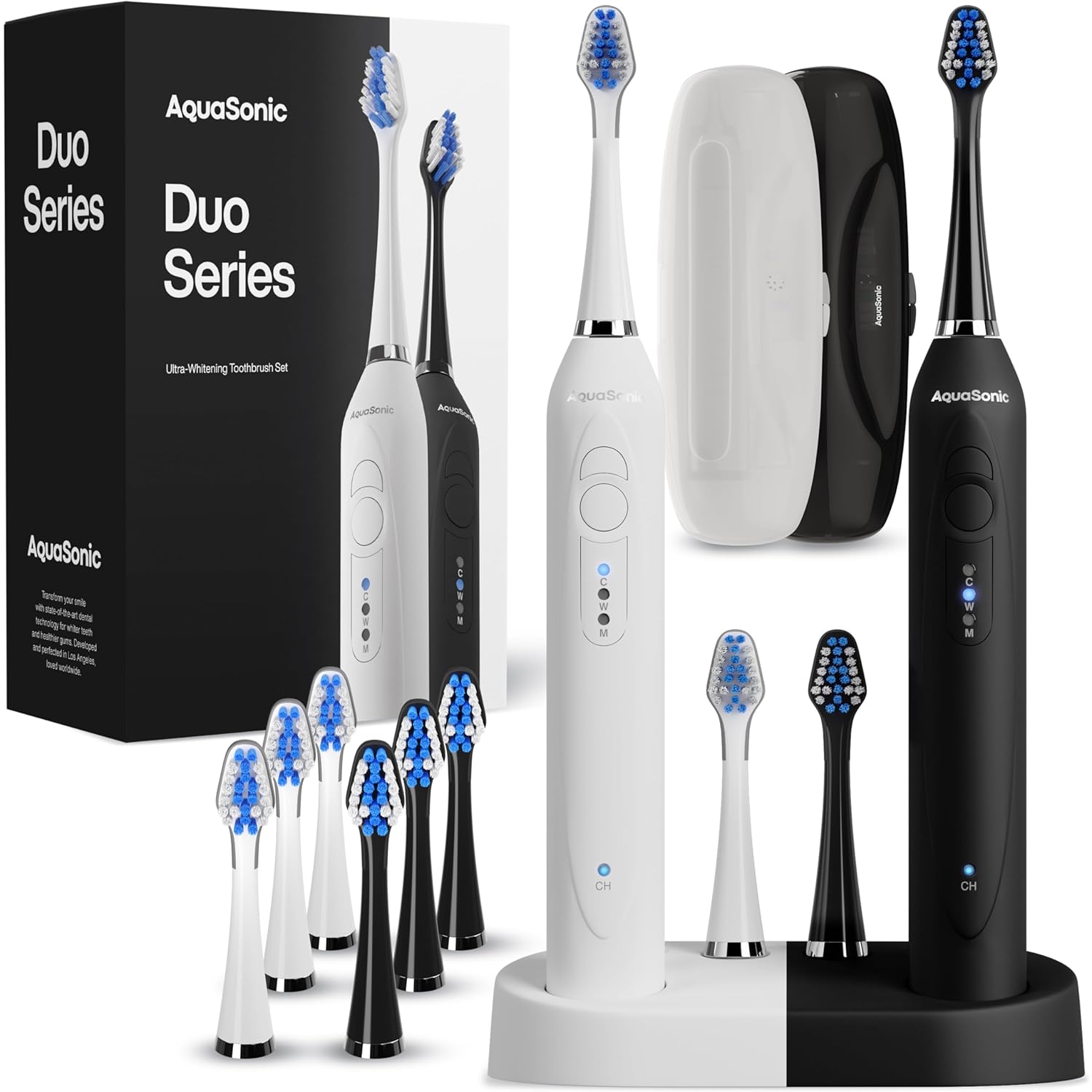 Set de 2 Cepillos de Dientes Electricos AquaSonic Duo – 40,000 VPM, Carga Inalambrica, 3 Modos, 10 Cabezales DuPont y 2 Estuches de Viaje