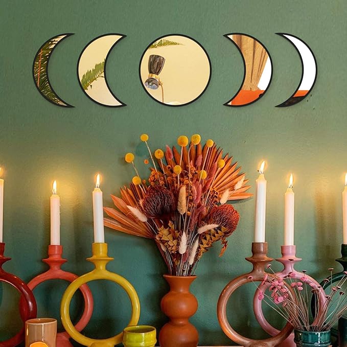 MAXROCK Espejos acrílicos escandinavos de fase lunar de decoración natural, juego de espejos de fase lunar, decoración de pared bohemia para sala de estar y dormitorio (no espejo real)
