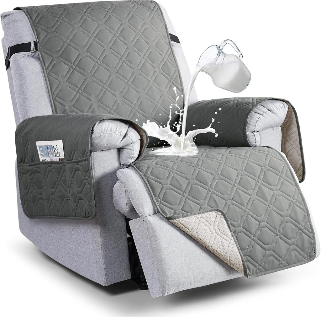 VANSOFY Funda Impermeable para Sillon Reclinable | Protector Antideslizante Lavable con Bolsillo y Correas Elasticas para Mascotas (Gris, 25 pulgadas)