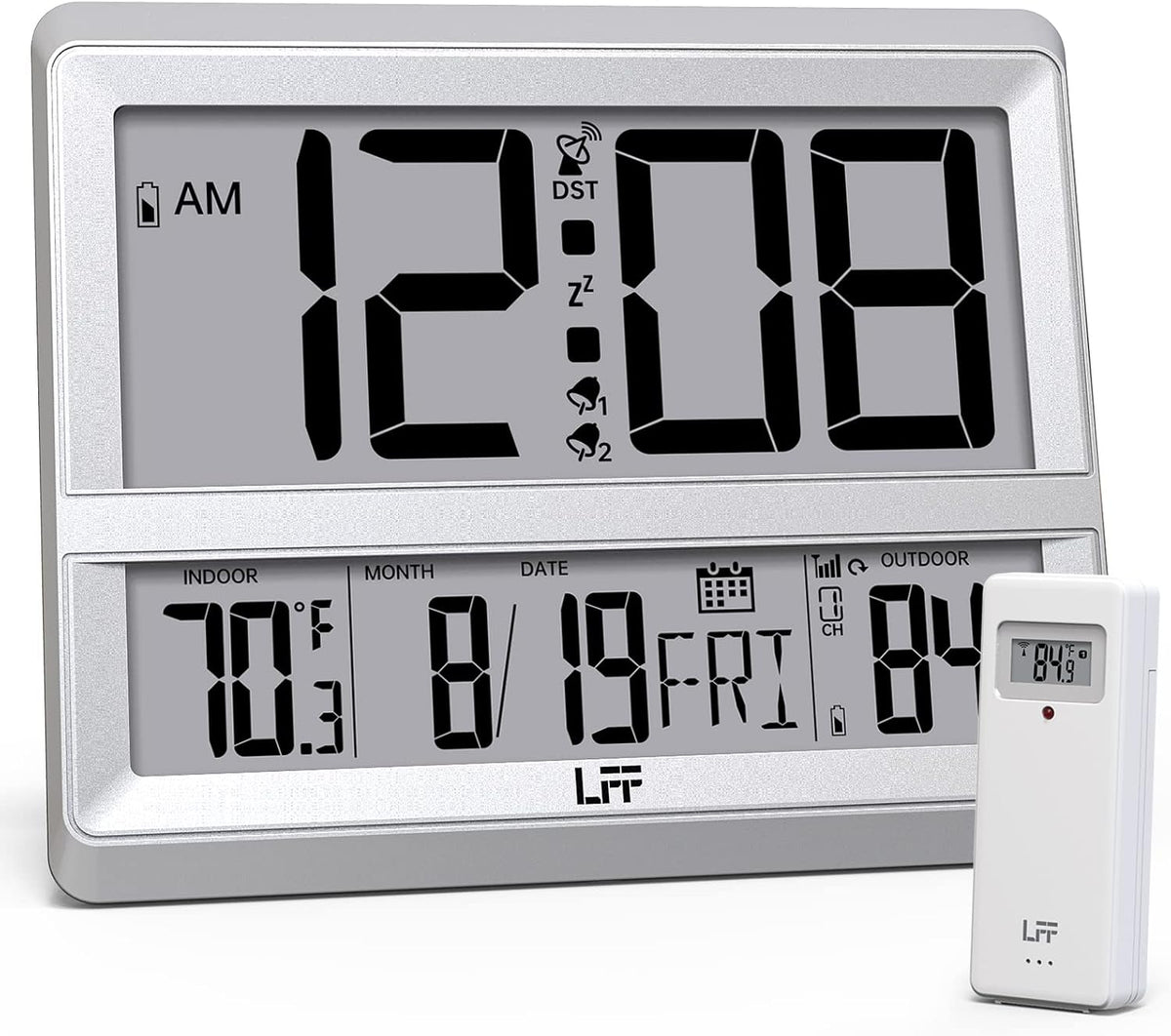 Reloj atómico LFF de gran pantalla, reloj de pared digital con temperatura interior y exterior y fecha, sensor exterior inalámbrico, despertador digital de escritorio a pilas para dormitorio, fácil de leer, plateado