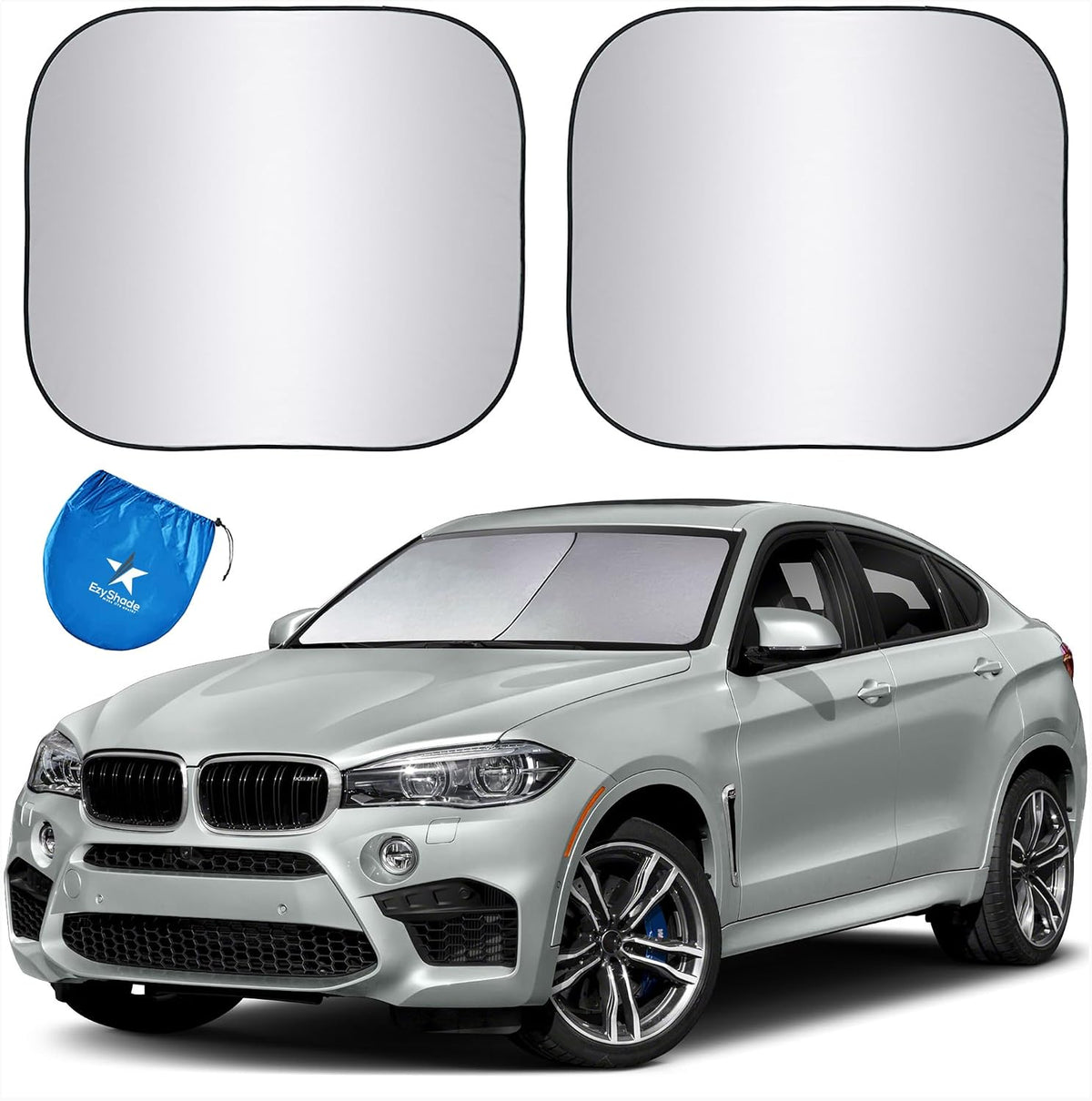 Sombrilla Parabrisas EzyShade con Tecnología Reflectante Shield-X. Ver Tabla de Tamaños con Tu Vehículo. Sombrillas Carro Plegables 2 Piezas Reflejan UV Sol y Calor y Protegen Tu Carro. Tamaño Estándar (Medio)