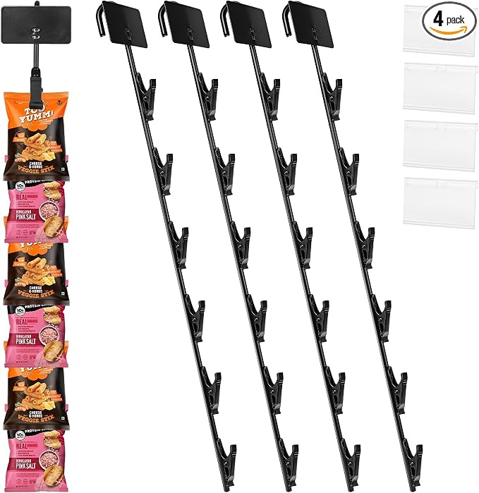 4 tiras colgantes de mercancía con ganchos, estante de exhibición de chips de 16.5 pulgadas, tira de chips para montaje en pared para aperitivos, dulces, organizador portátil al por menor, almacenamiento de metal con cabecera de etiquetas