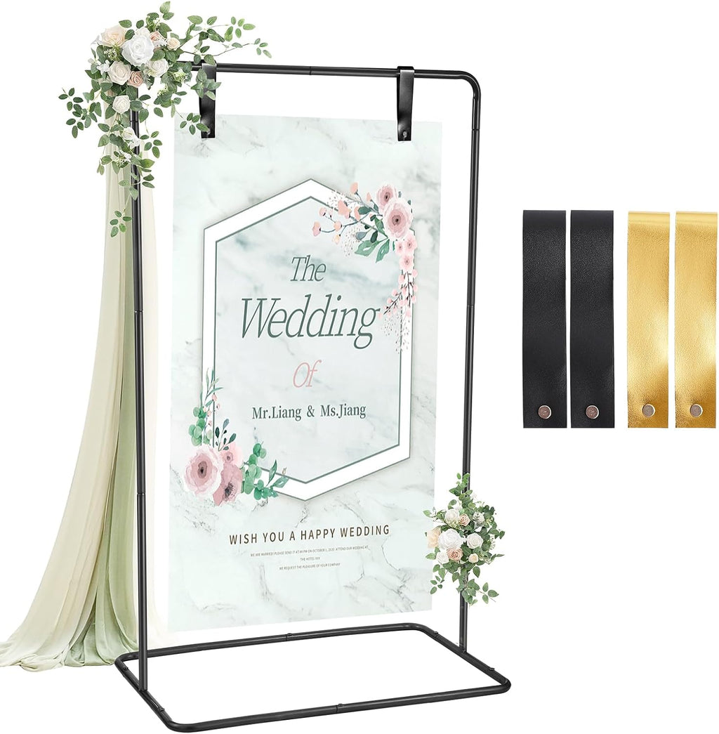 Soporte para letreros de boda ParseBio, 68" x 31" x 20", soporte ajustable negro para letreros de bienvenida con correas de cuero para colgar, estante para letreros, caballete resistente para el Día de San Valentín, soporte para plano de asientos de boda