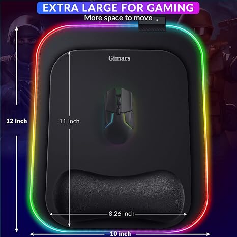 Mouse Pad Gimars RGB XL con Soporte de Muñeca | 12x10 in | 10 Modos LED | Base Antideslizante | Gaming y Oficina