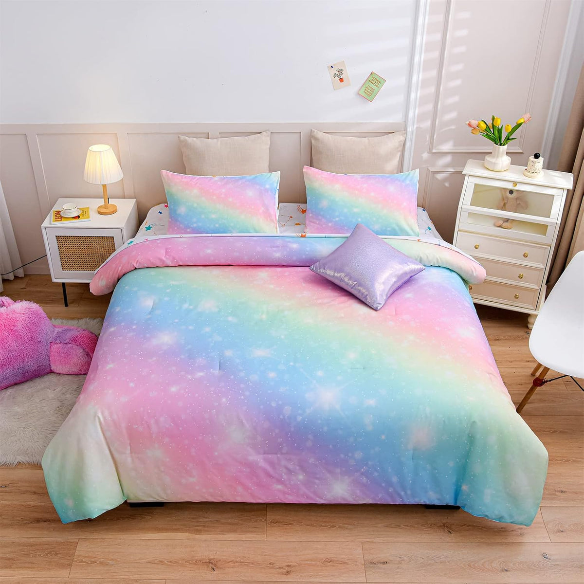 A Nice Night Juego de Cama 6 Piezas Glitter Degradado para Ninas Tamano Twin | Edredon Galaxia Arcoiris, Ultra Suave (Rosa)
