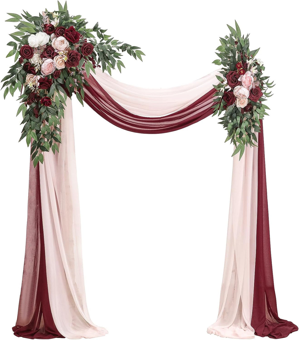 Kit de Flores para Arco con Tela Drapeada (Pack de 4) - 2 Arreglos Florales Artificiales en Burdeos y Rosa con 2 Piezas de Tela para Ceremonia de Boda y Decoracion de Recepcion