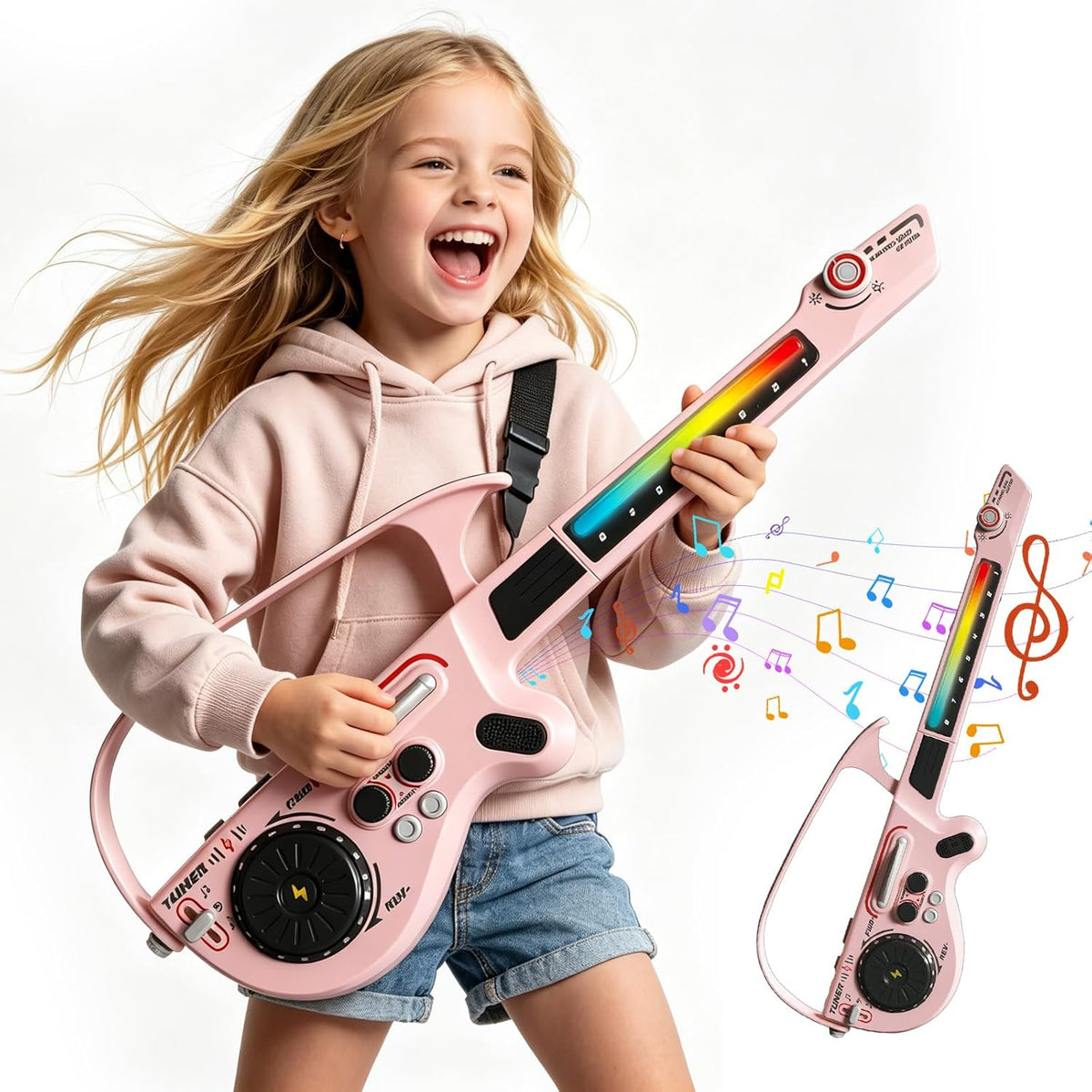 Guitarra Inteligente sin Cuerdas para Niños | Guitarra Eléctrica de Juguete con Bluetooth, Mezclador DJ, 4 Tonos y 3 Estilos | Recargable | Niños 3-12 (Rosa)