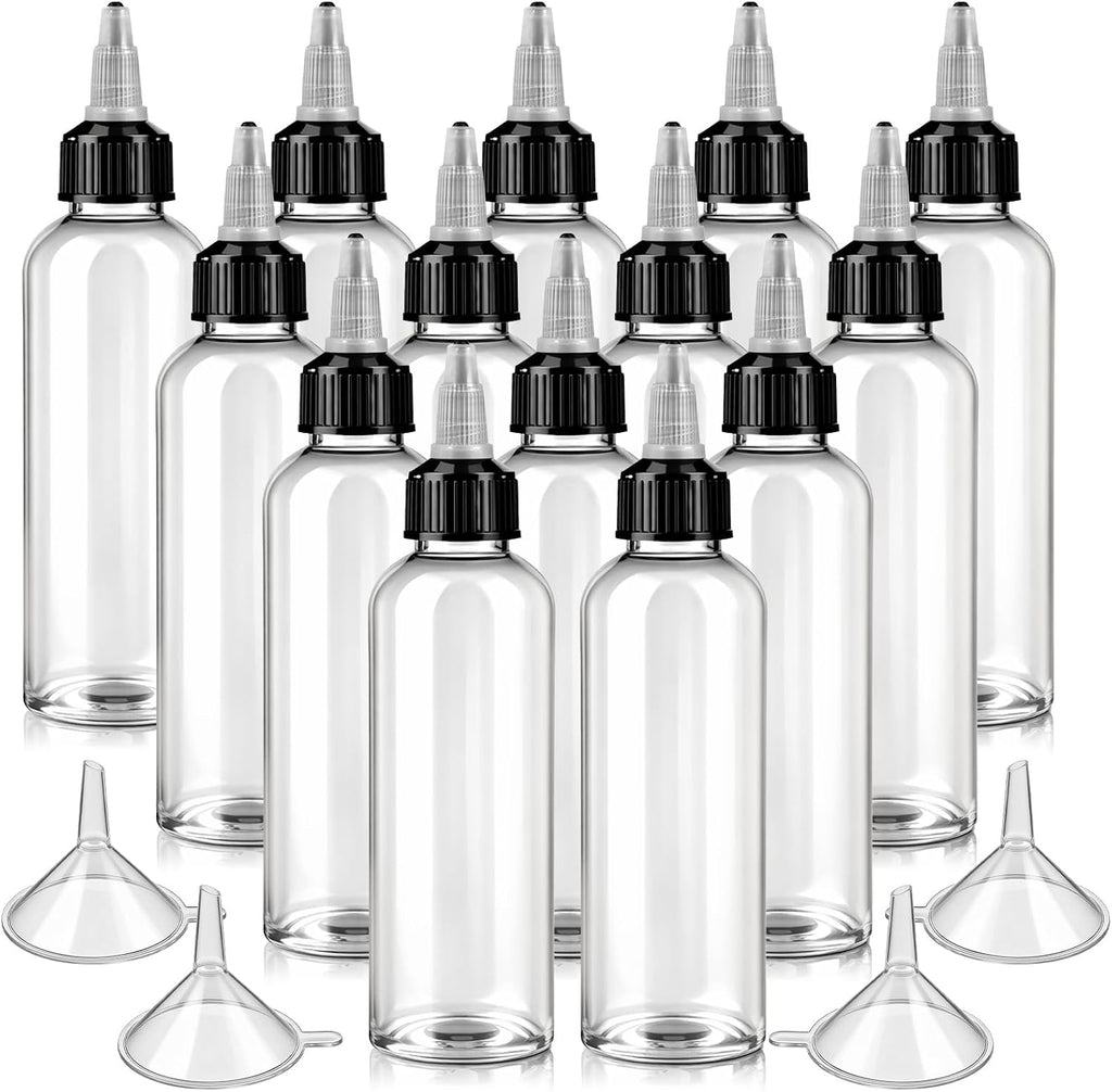 SOLO VIENEN 2 EMBUDOS-Lyksgir Paquete de 64 botellas de plástico exprimibles de 118 ml (4 oz), botellas redondas transparentes con tapa de rosca y embudo, botella exprimible tipo Boston de plástico para líquidos.
