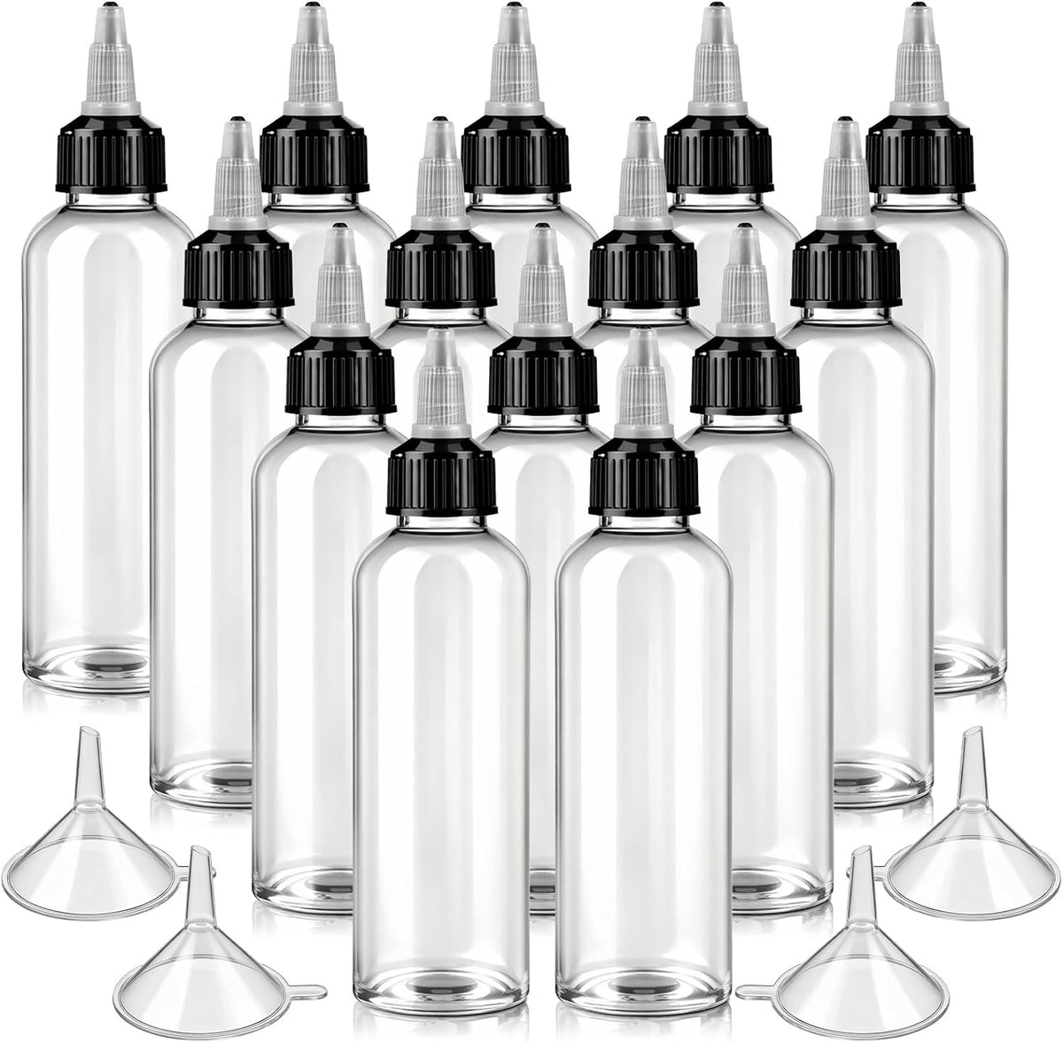 SOLO VIENEN 2 EMBUDOS-Lyksgir Paquete de 64 botellas de plástico exprimibles de 118 ml (4 oz), botellas redondas transparentes con tapa de rosca y embudo, botella exprimible tipo Boston de plástico para líquidos.