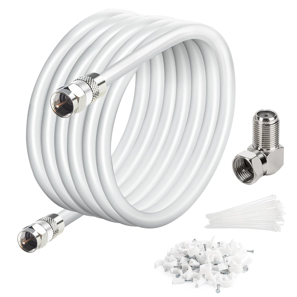 Cable Coaxial RG6 Elecan 7.6m con Conectores | Cuádruple Blindaje, Alta Velocidad 3 GHz, para TV Digital e Internet, con Adaptador, Amarras y Clips, Blanco