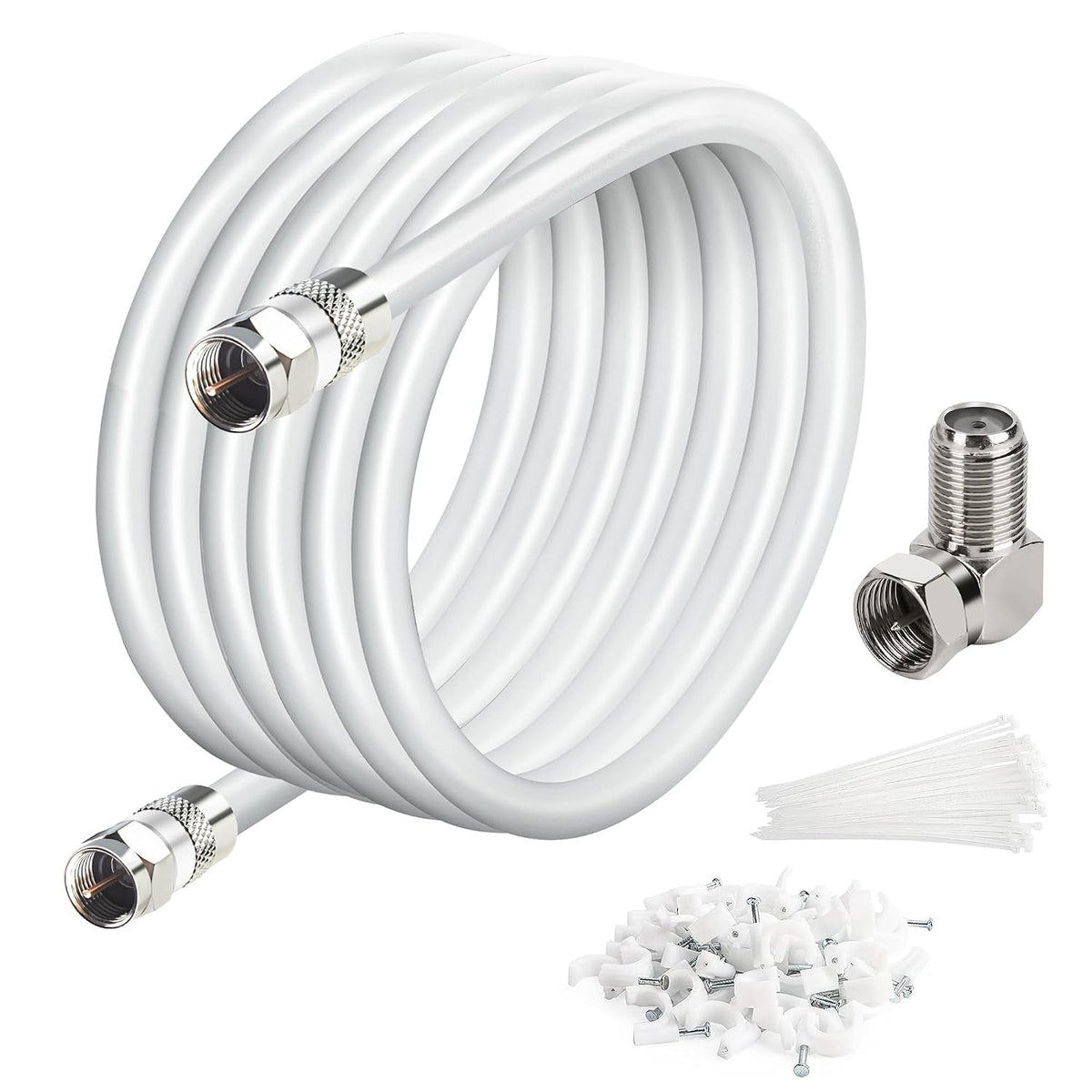Cable Coaxial RG6 Elecan 7.6m con Conectores | Cuádruple Blindaje, Alta Velocidad 3 GHz, para TV Digital e Internet, con Adaptador, Amarras y Clips, Blanco