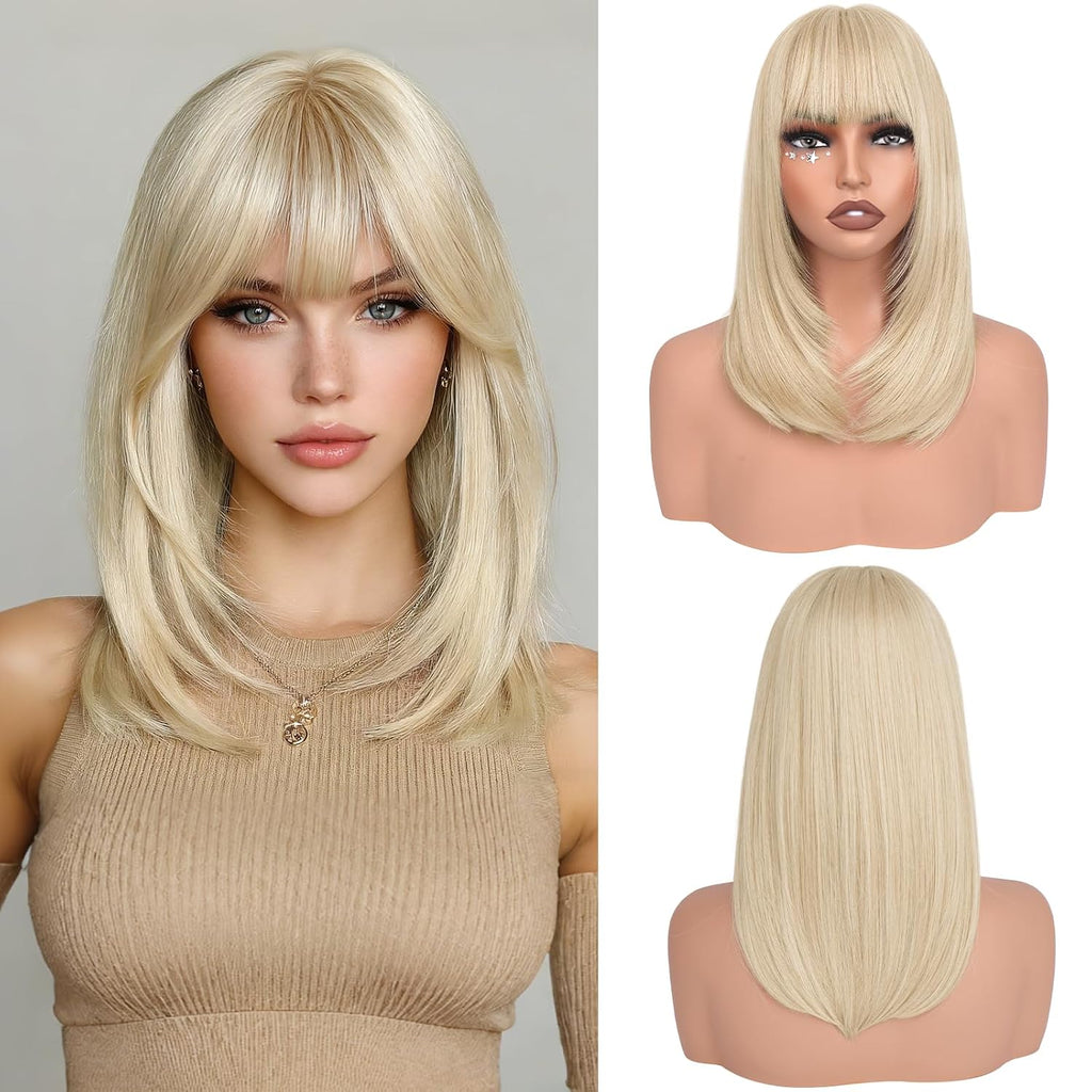 Haloo Peluca Bob Rubia con Flequillo | Largo a los Hombros, Lisa y Natural | Sintética Resistente al Calor | 16 pulgadas Rubio Platino