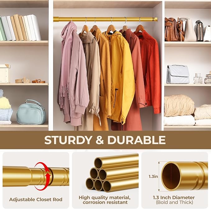Mavivegue Barra de armario ajustable dorada de 17 a 43 pulgadas para colgar ropa, barra colgante para armario, lavandería, caravana, baño