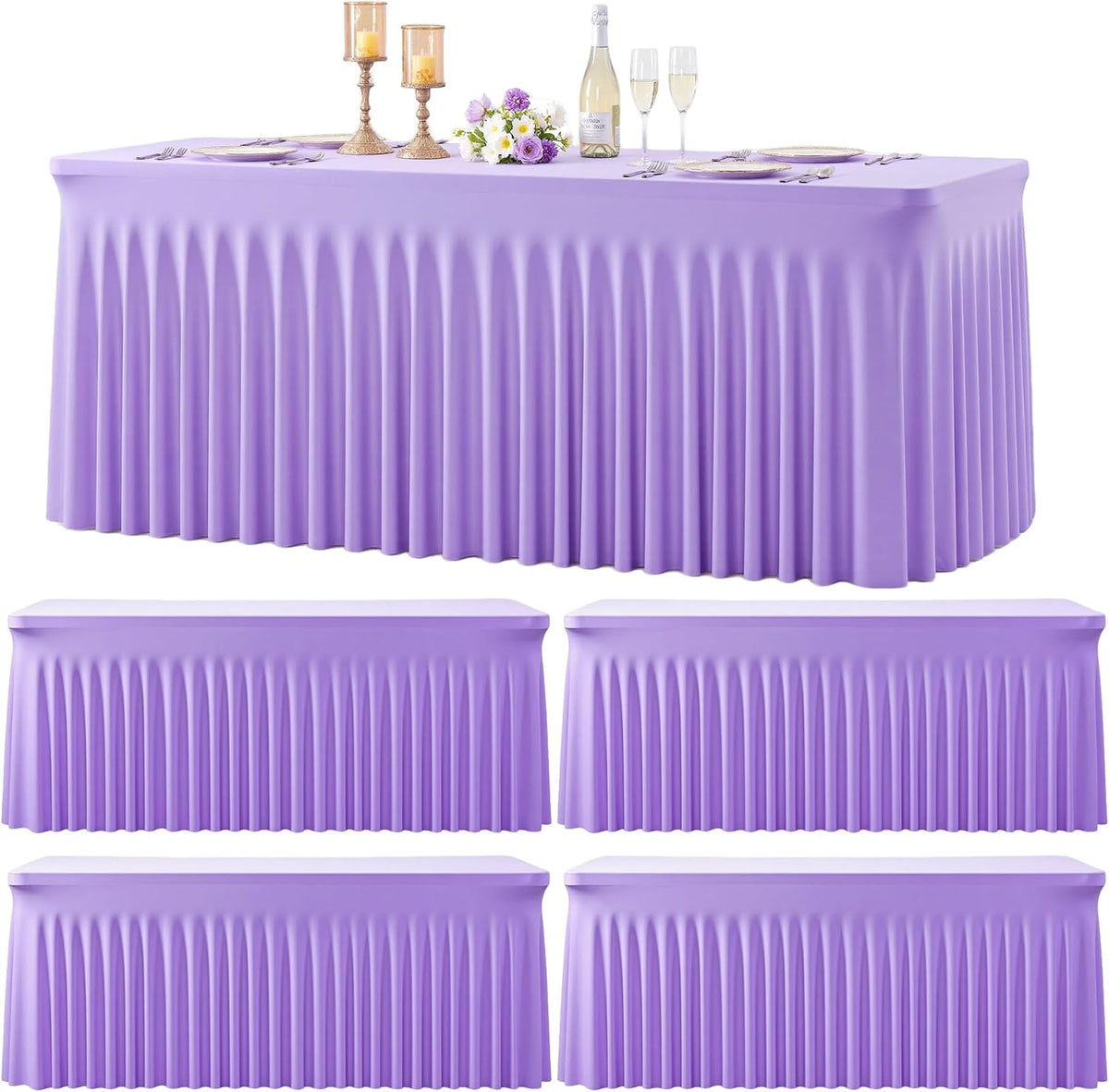 Suppromo Paquete de 4 manteles de spandex lavanda de 1,8 m para mesas rectangulares. Manteles rectangulares de color lila claro, sin arrugas. Funda elástica ajustada para mesa, ideal para fiestas de cumpleaños, bodas, banquetes, baby showers y buffets.