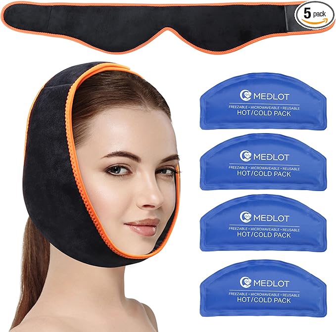 Bolsa de hielo facial para ATM, muelas del juicio, con 4 paquetes de gel reutilizables de terapia fría caliente, alivio del dolor para barbilla, cabeza, mandíbula, cirugía oral y facial, implantes dentales