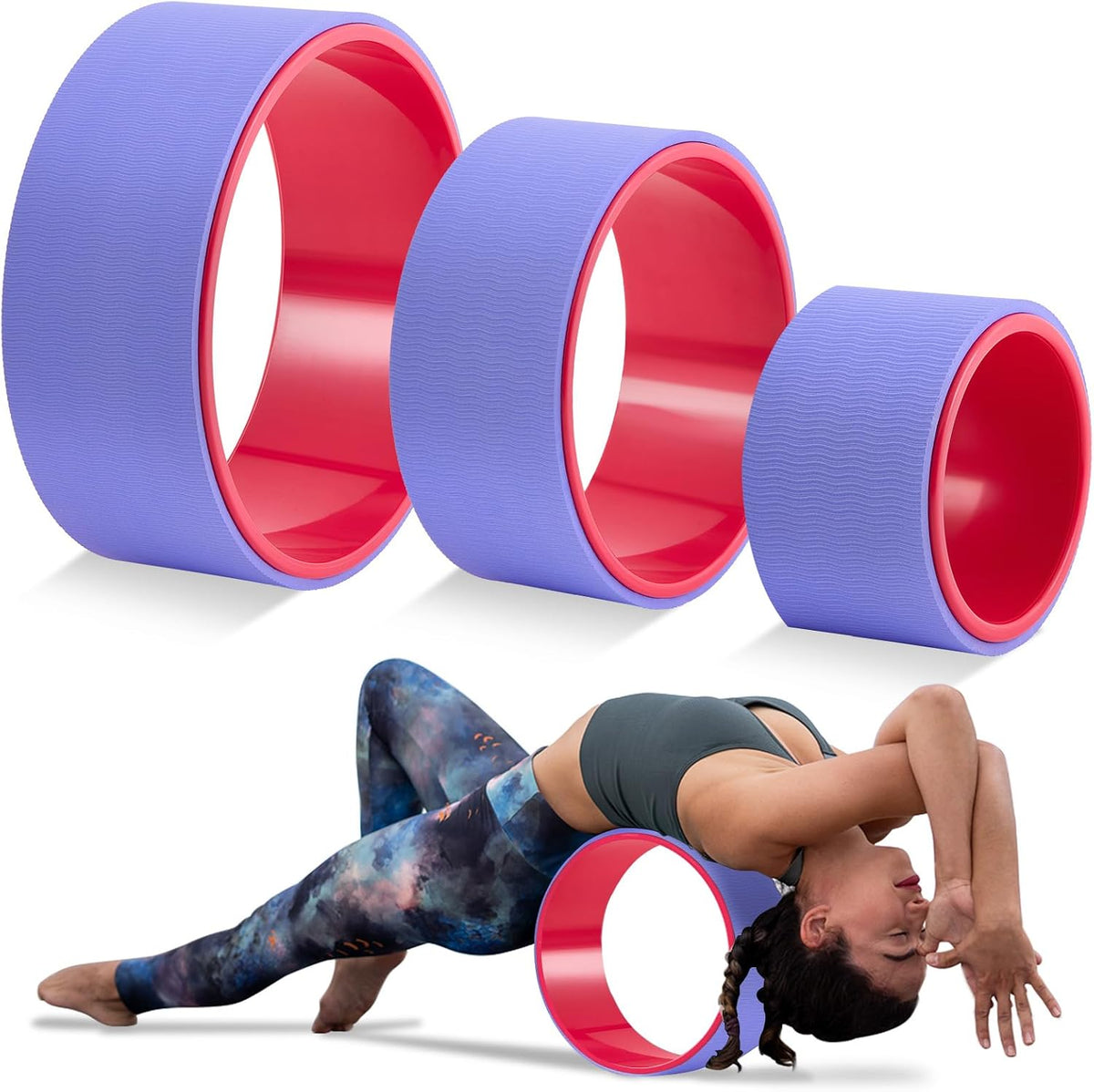 Simgoing Pack de 3 Ruedas de Yoga ABS – Rodillo de Espalda 300 kg, Estiramiento y Masaje, Morado y Rosa