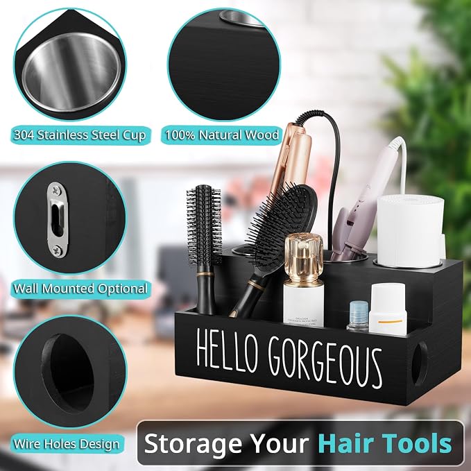 Bivvclaz Organizador de Herramientas para Cabello en Madera | Soporte para Secadora y Rizador | Para Encimera o Pared | Baño y Vanity | Negro