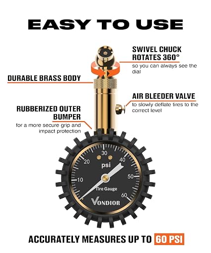 Manómetro de Presión Vondior 0-100 PSI – Certificado ANSI B40.1, Esfera Grande 5 cm para Carros y Camiones