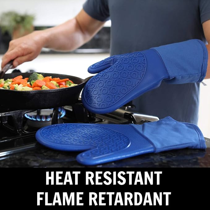 Juego de 4 guantes de horno y salvamanteles de silicona suave sin BPA, guantes de horno ultra resistentes al calor con forro de algodón grueso, soportes largos antideslizantes para ollas